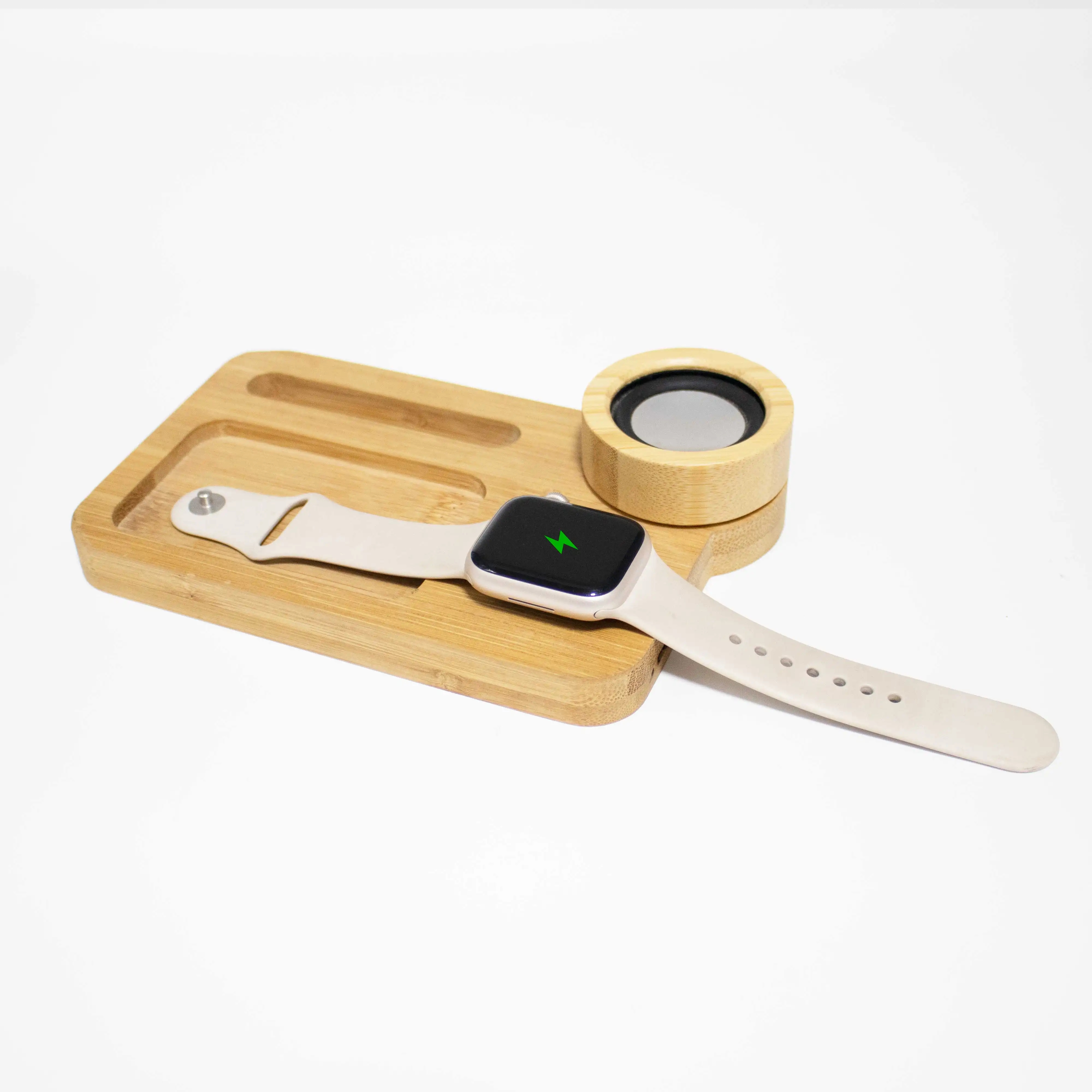 Carregador sem fio para escritório organizador de bambu natural com suporte para telefone com alto-falante