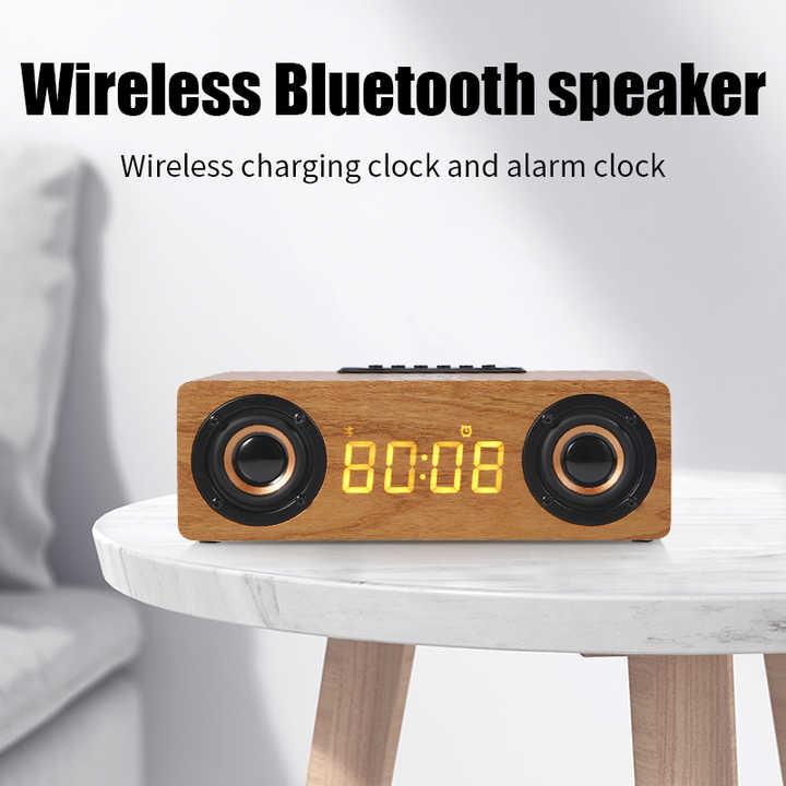 3 em 1 alto-falante Bluetooth de carregamento sem fio de madeira com despertador