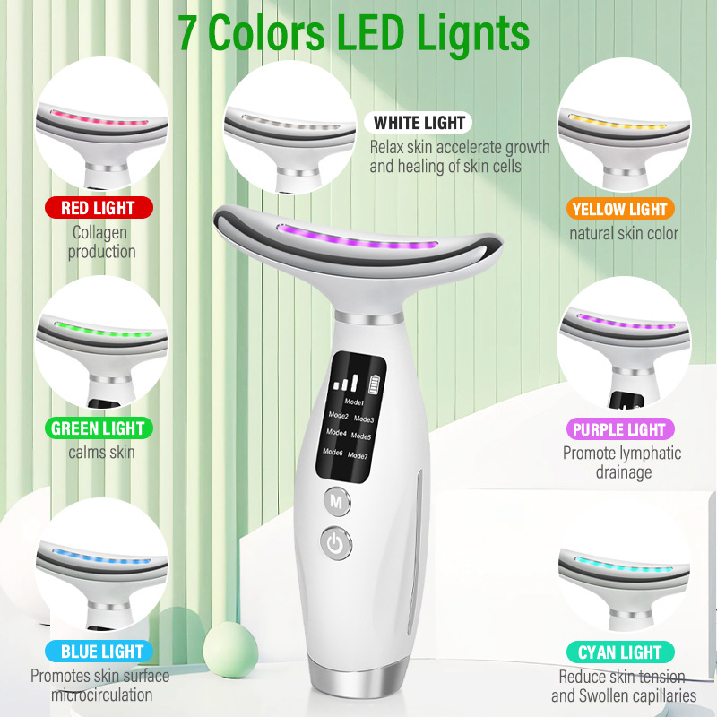 Ferramenta para cuidados com a pele, instrumento de beleza facial com luz de sete cores para massageador de pescoço