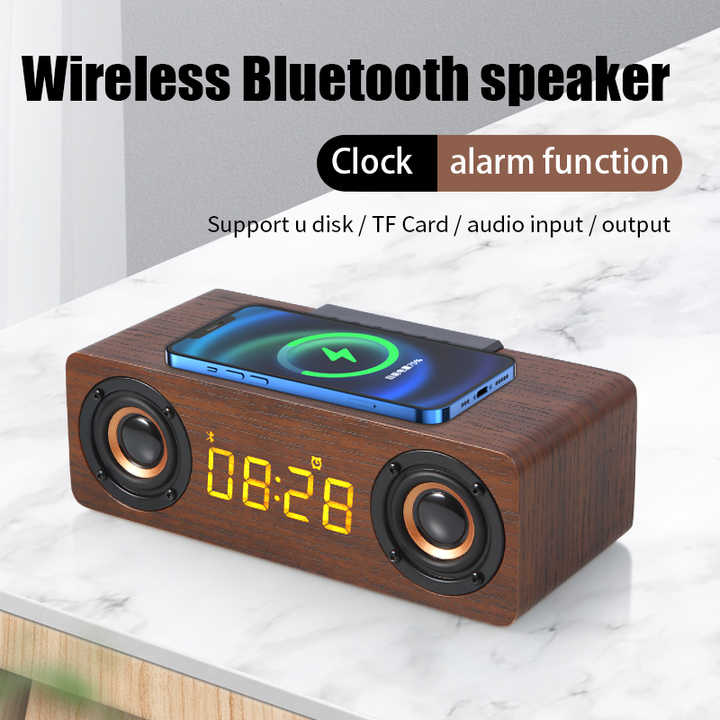 3 em 1 alto-falante Bluetooth de carregamento sem fio de madeira com despertador